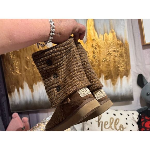 Sz 7 sweater knit tan gold/brown Cardy UGG boots tall or fold over wear - Picture 10 of 13